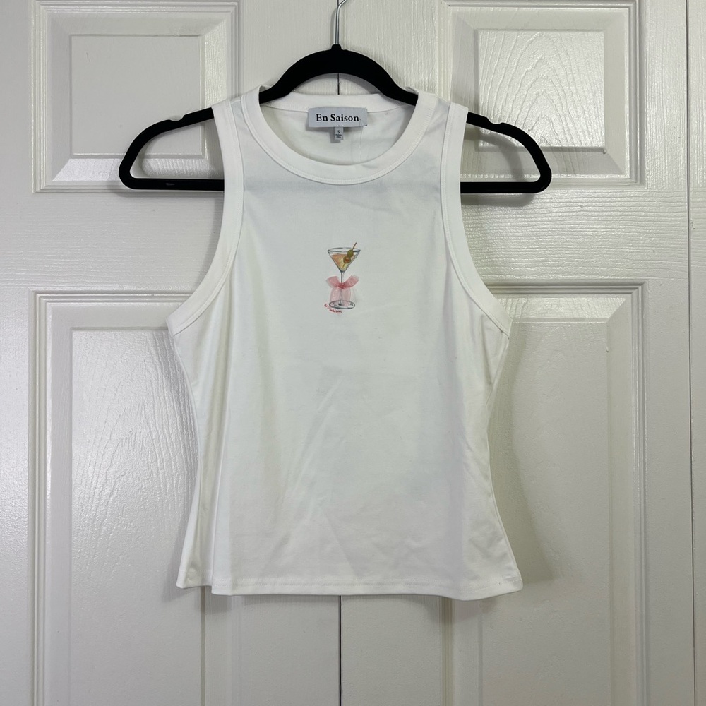 En Saison Women's White Tank Top Martini Graphic Print Racerback Size S